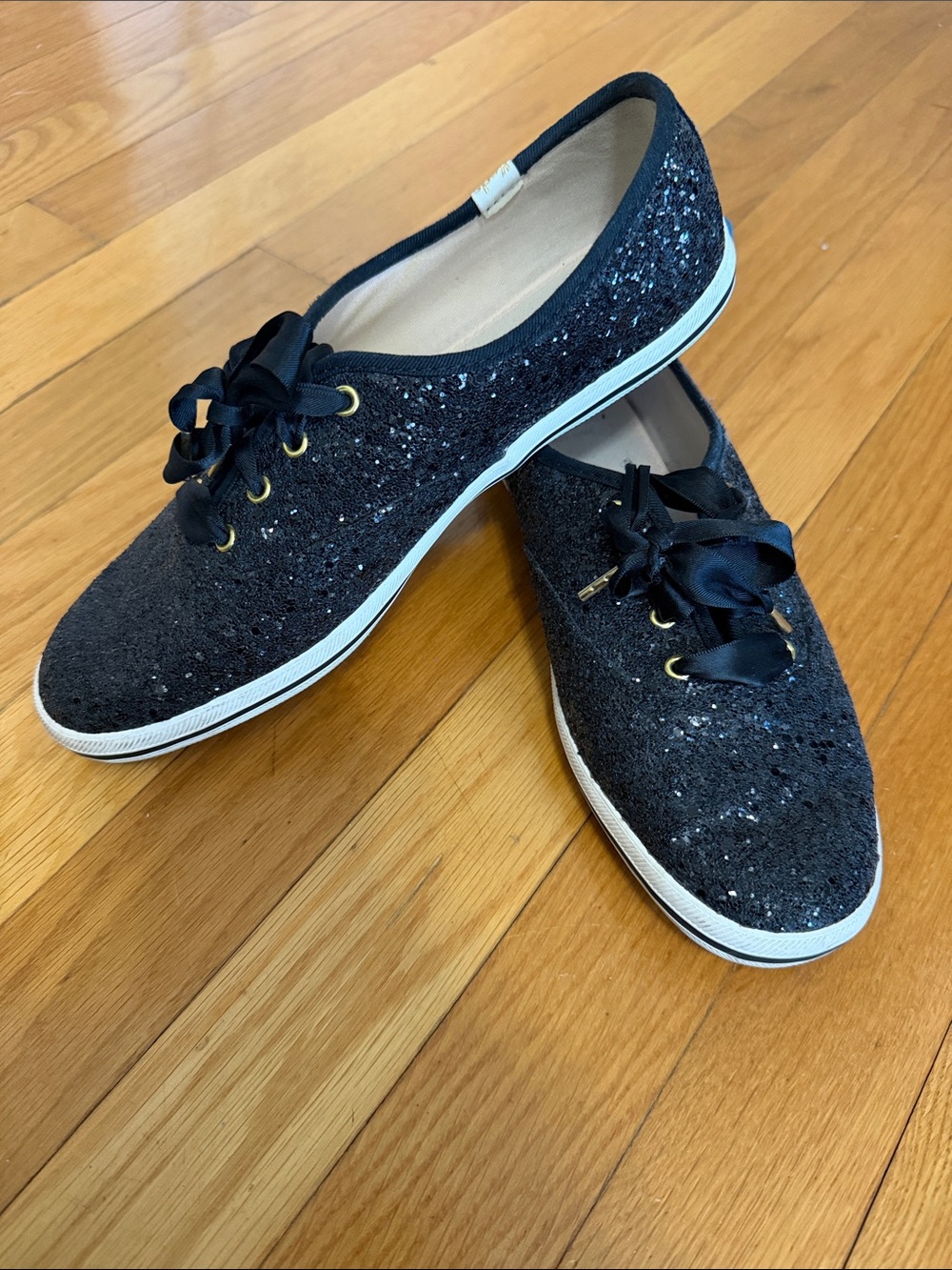 Keds Black Glitter Ribbon Lace-Up Flats